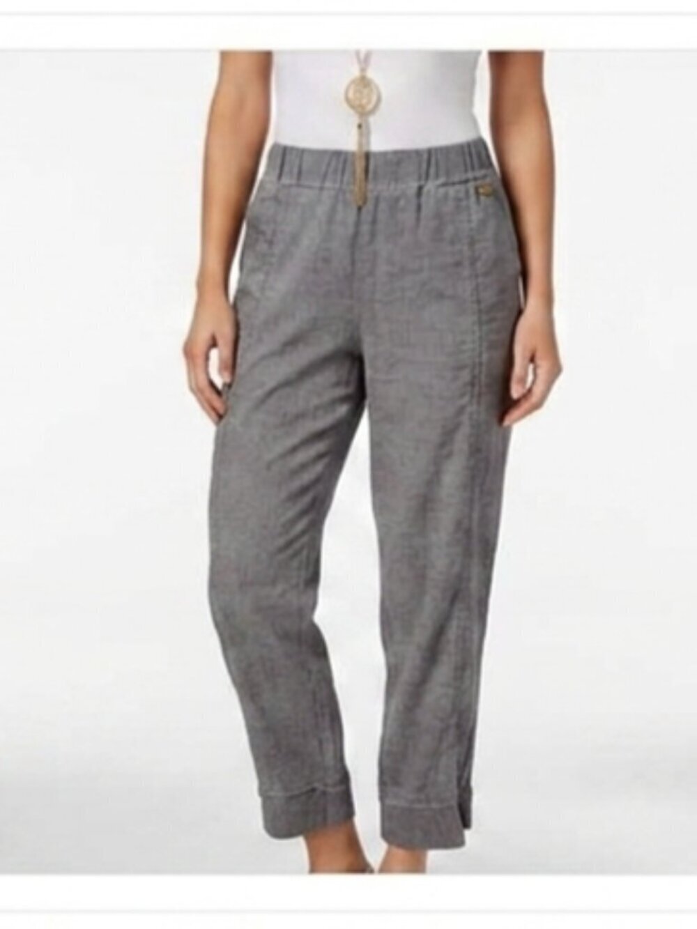 Ellen Tracy Women SZ L 100% Linen Elastic Waist Crop Pull On Cargo Pocket Pants